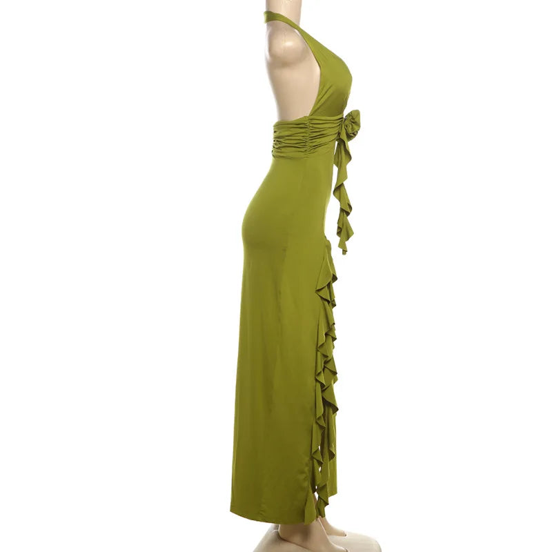 Maxi Dress with Ruffle and Flower Decoration and Open Back - Maxine