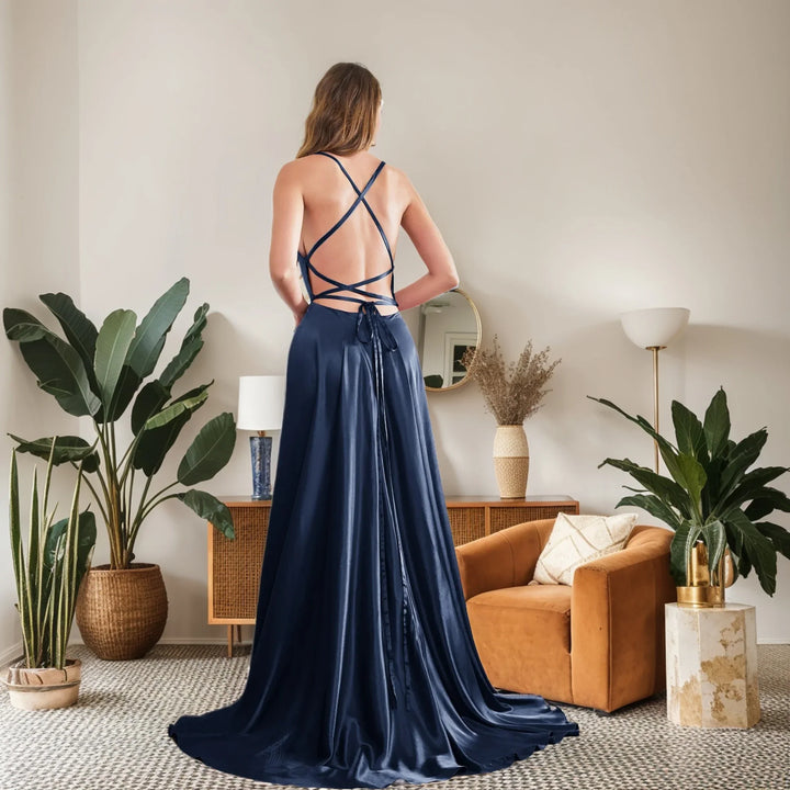 Elegant Maxi Satin Dress with Slit, A-Line Design, Back Tie - Prince
