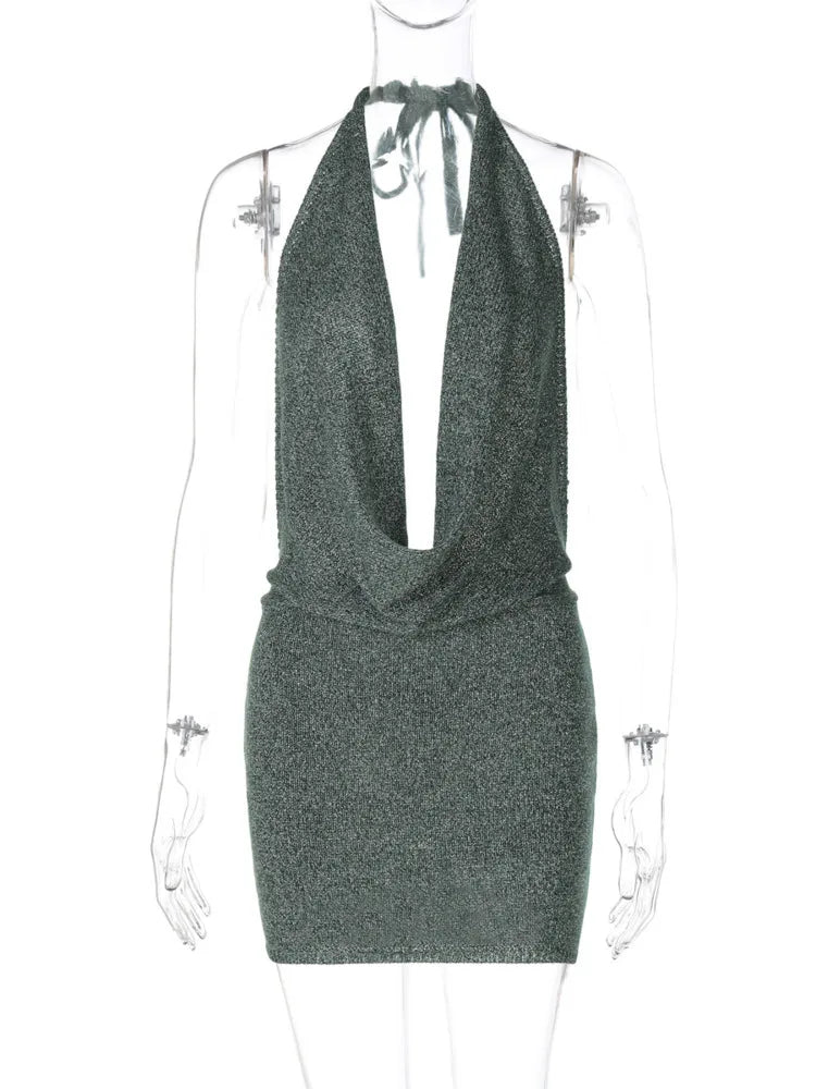 Knitted Sequin Mini Dress with Dropped Collar and Open Back - Kesem