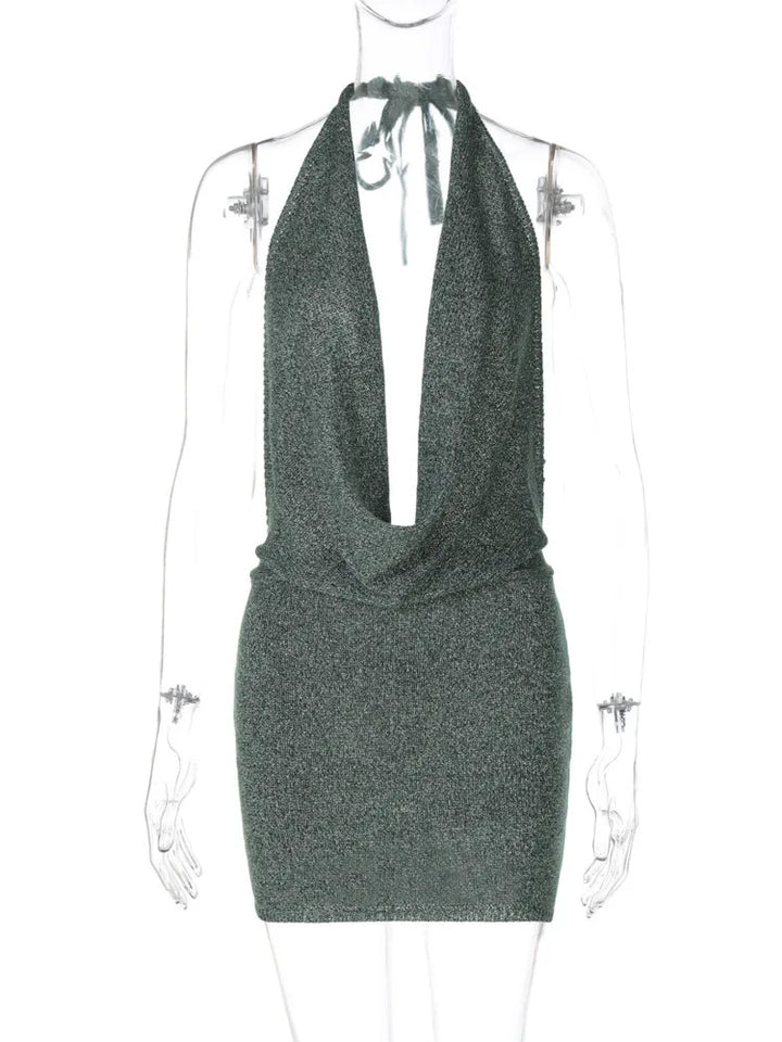 Knitted Sequin Mini Dress with Dropped Collar and Open Back - Kesem