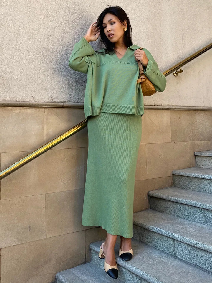 Loose two-piece knitted set maxi skirt and top - Shilav