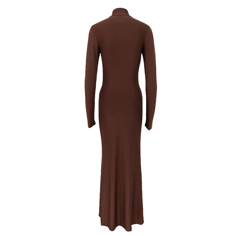 Maxi Dress with Turtleneck Collar, Gathered Design, and Tie - Margarita