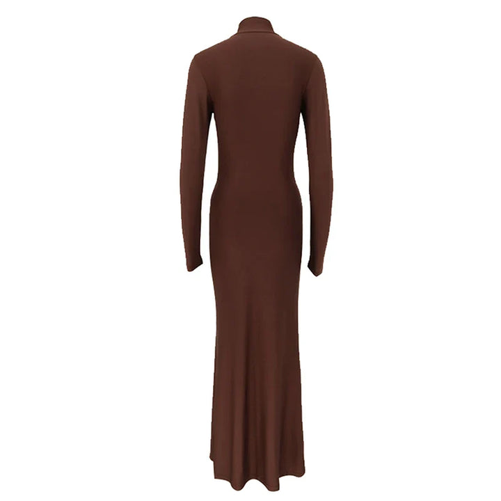 Maxi Dress with Turtleneck Collar, Gathered Design, and Tie - Margarita