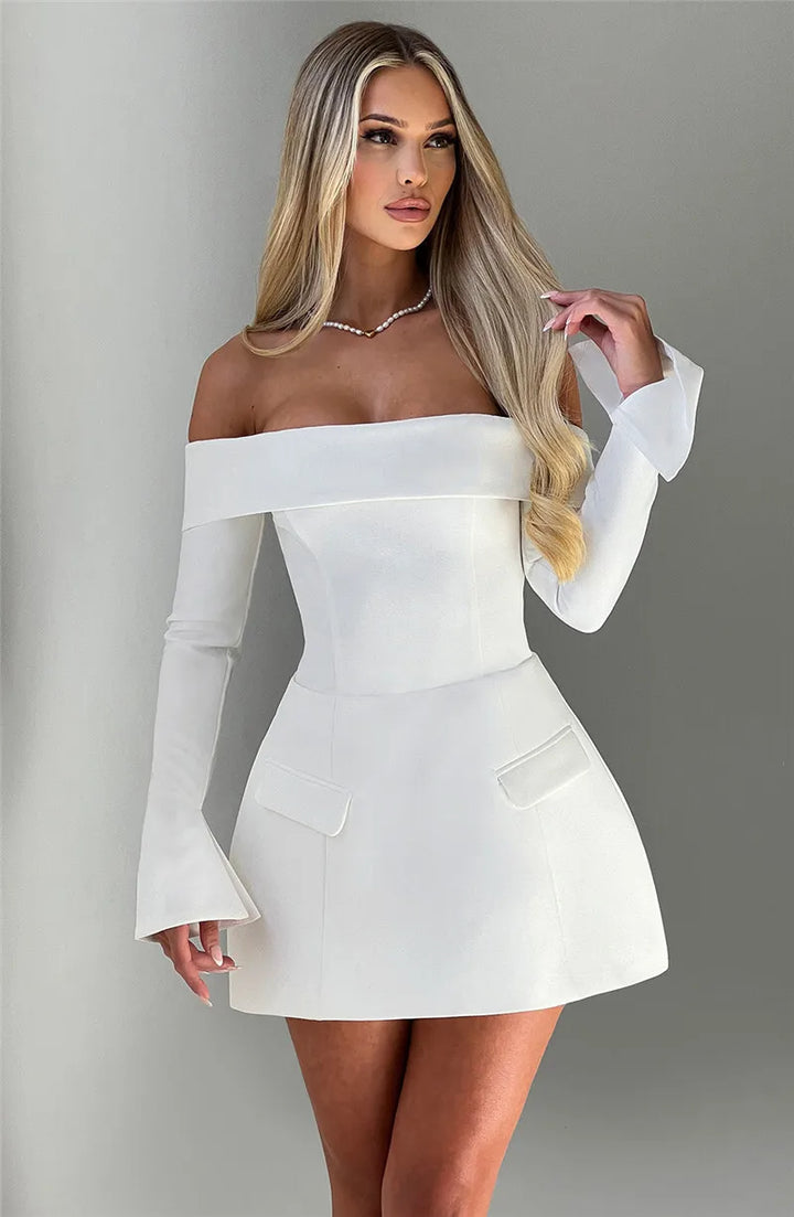 A-line off-shoulder mini dress with faux pocket design - Macy