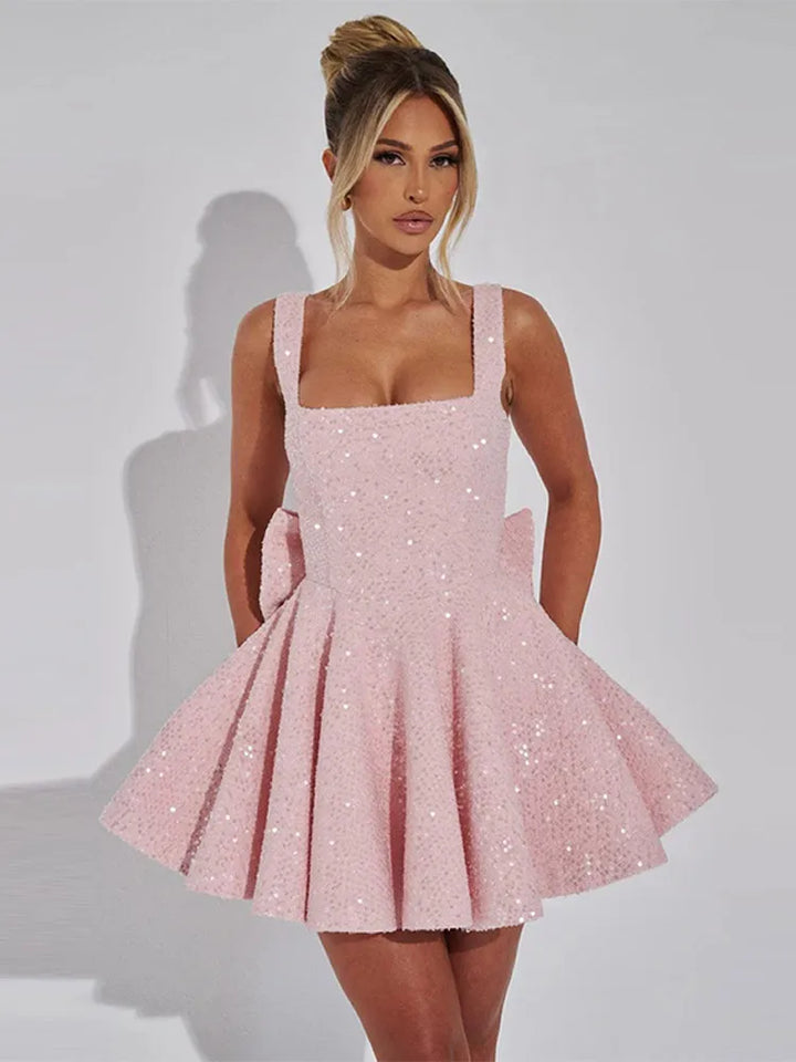 A-Line Mini Sequin Dress with Bow Detail on Back - Alayna