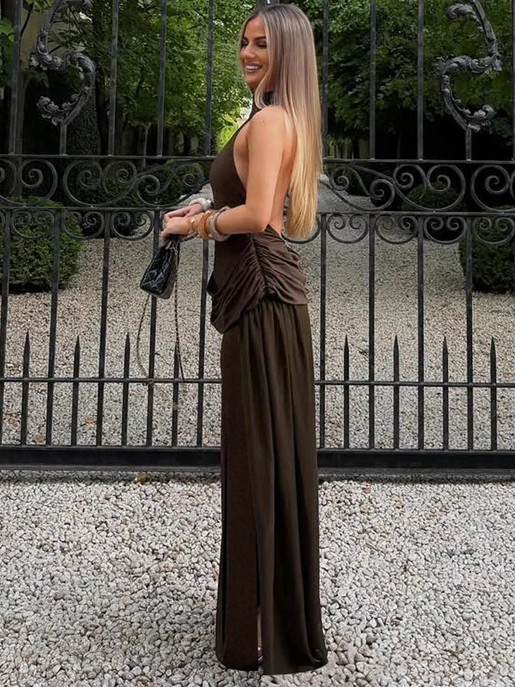 Maxi Dress with Collar, Open Back, Pleats, and Slit - Bianca