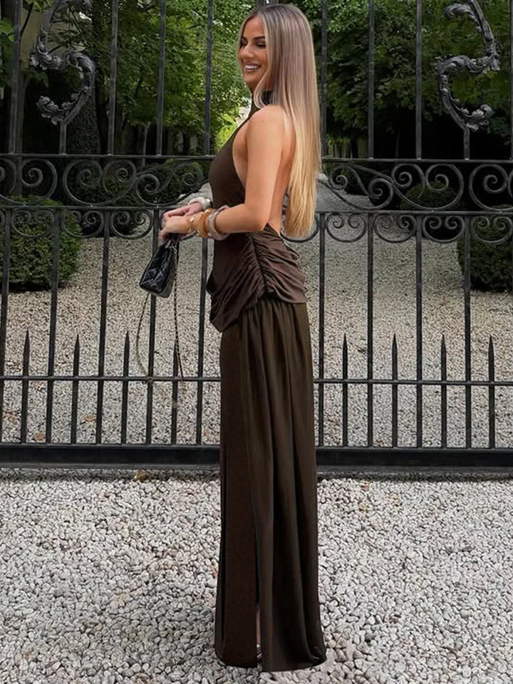 Maxi Dress with Collar, Open Back, Pleats, and Slit - Bianca