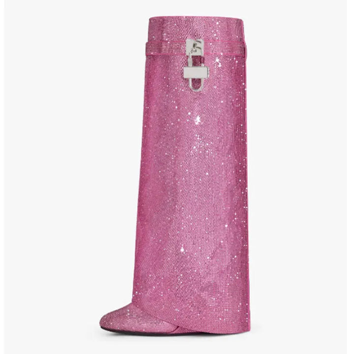 High Heel Boots with Glitter Studs and Lock Detail - Bailey