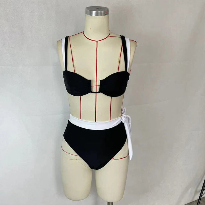 Monochrome Design Bikini with High-Waist Bottom - Aya