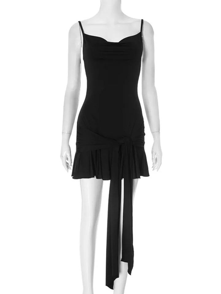 Ruffled Mini Dress with Spaghetti Strap Tie Detail - Selena