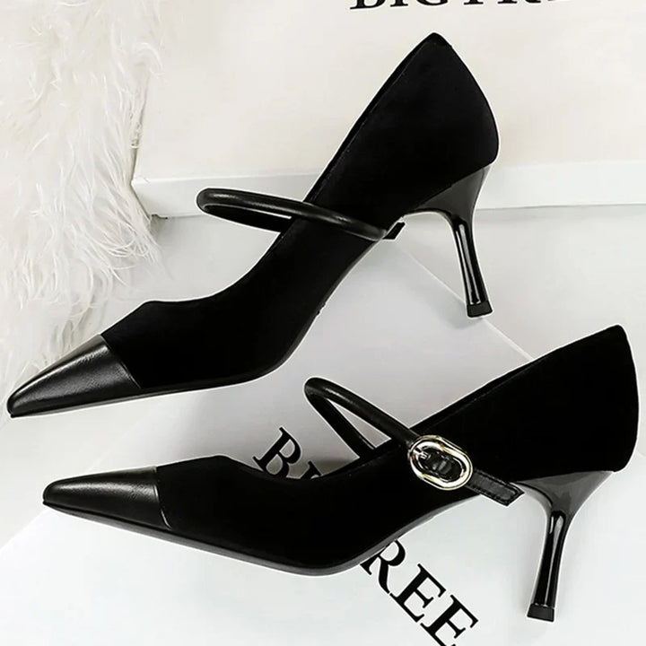 Pointed Heel Shoes with Velvet and Faux Leather Buckle Decoration - Mabel