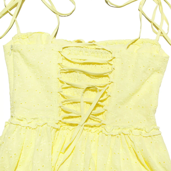 A-Line Mini Dress with Embroidery and Tie Straps - GAYA