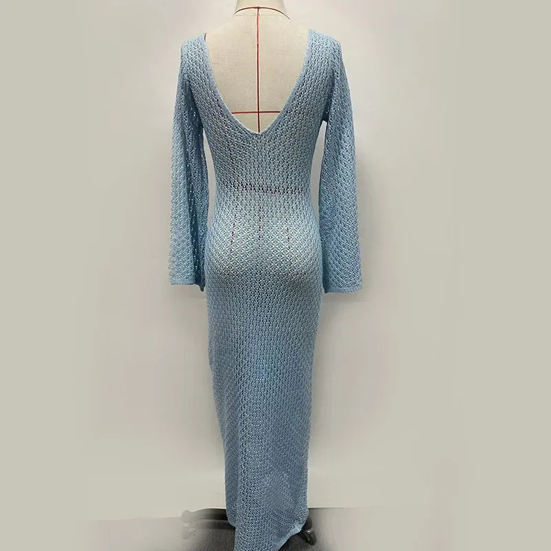 Knitted Maxi Beach Dress with Open Back and Pearl Pin Decoration - Lina