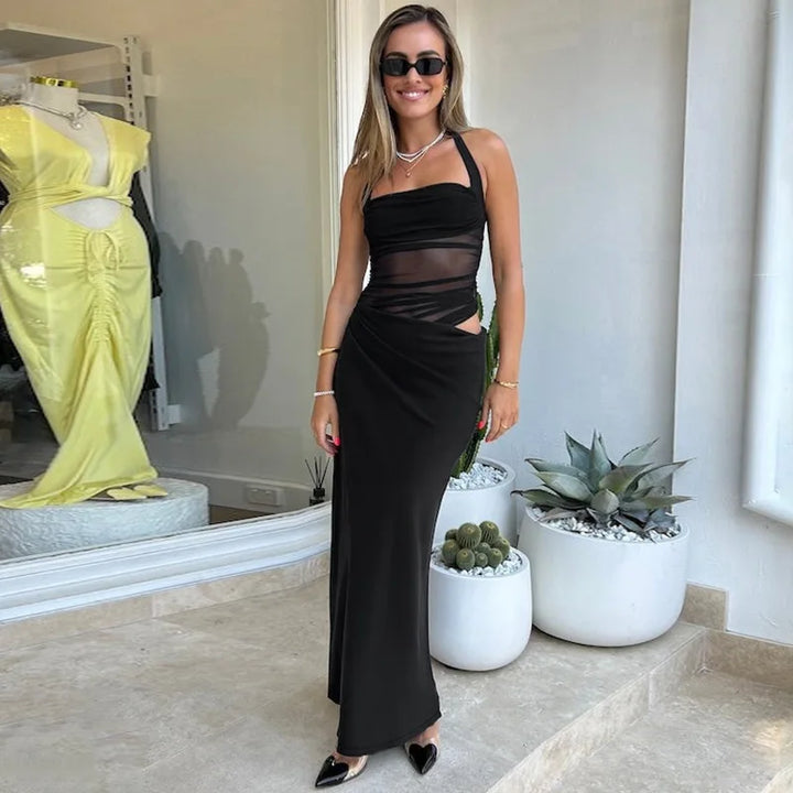 Satin Maxi Dress with Gathered Mesh Top and Open Back - Arya