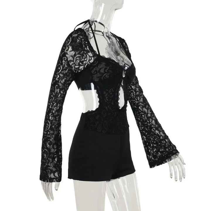 Short lace jumpsuit with long sleeves, hoop design, and open back - Hunter