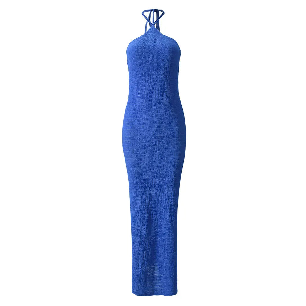 Knitted Maxi Dress with Collar, Ruching Fabric, Open Back - Miley