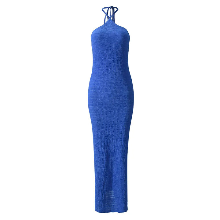 Knitted Maxi Dress with Collar, Ruching Fabric, Open Back - Miley