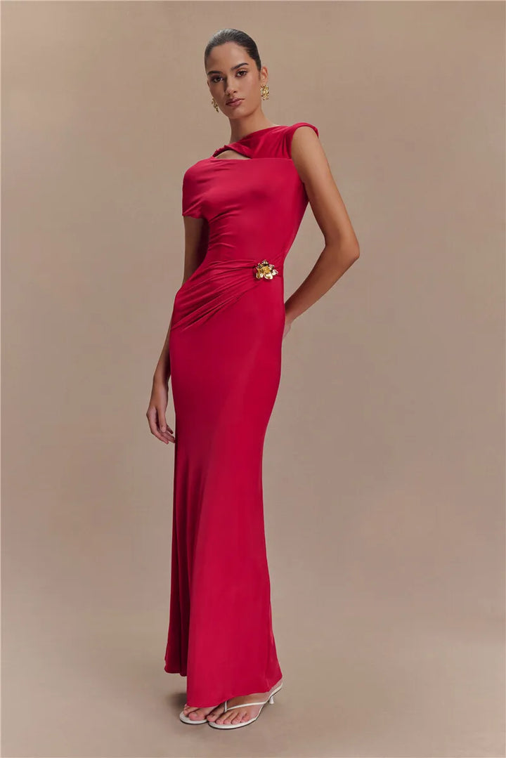 Elegant Maxi Dress with Ruching, One Sleeve, and Buckle Detail - Agatha