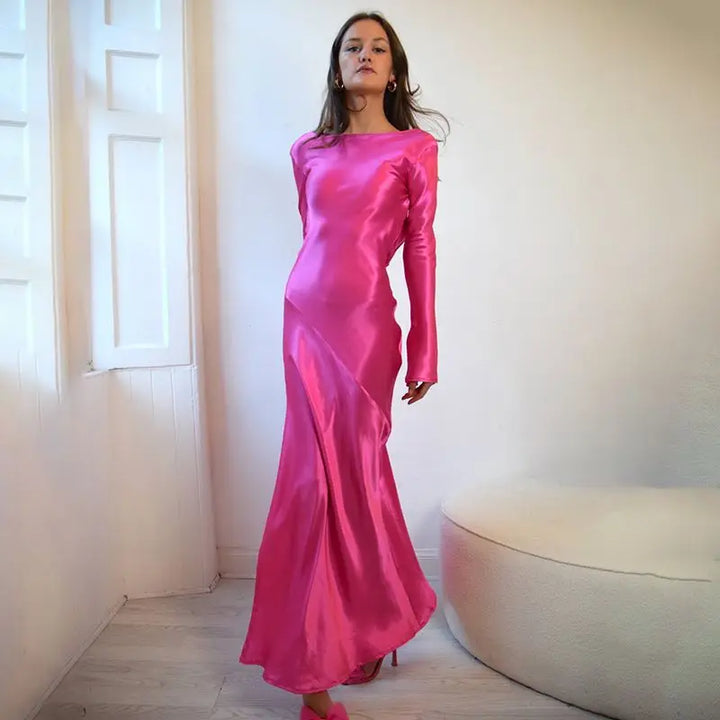Maxi satin evening dress with open back, slit, and bell sleeves - Marian