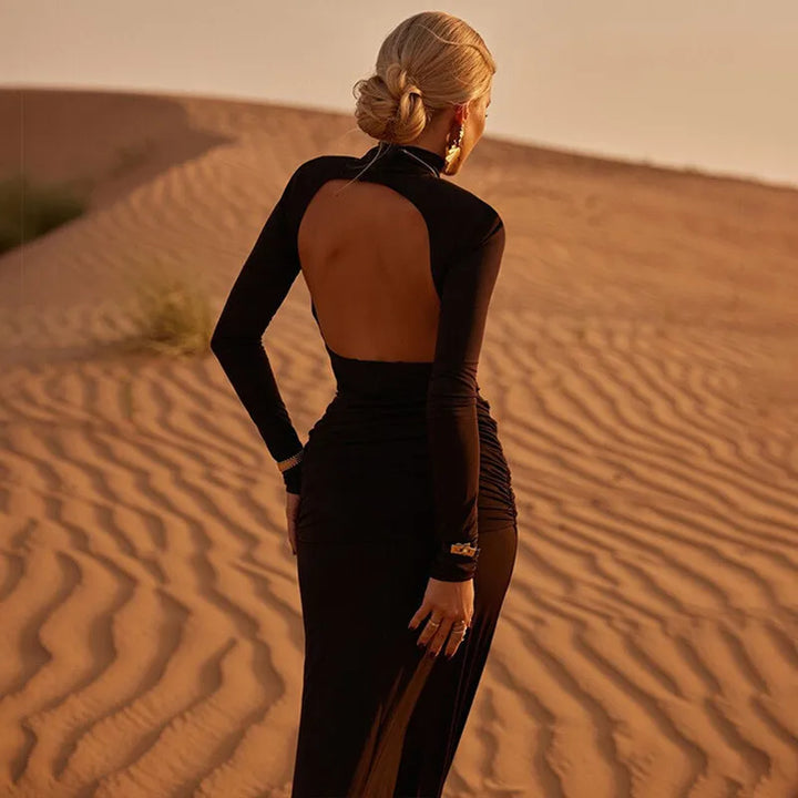 Turtleneck open-back maxi dress with ruching decoration - Ilayil