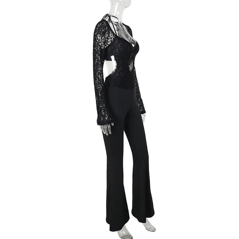 Jumpsuit with Lace Top and Shaped Fabric Pants, Open Back Design - Viviana