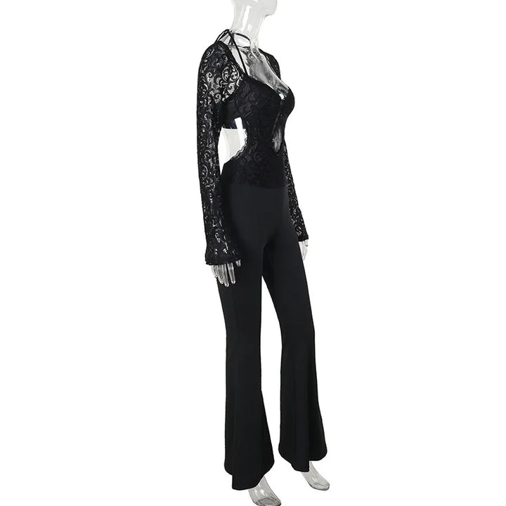 Jumpsuit with Lace Top and Shaped Fabric Pants, Open Back Design - Viviana