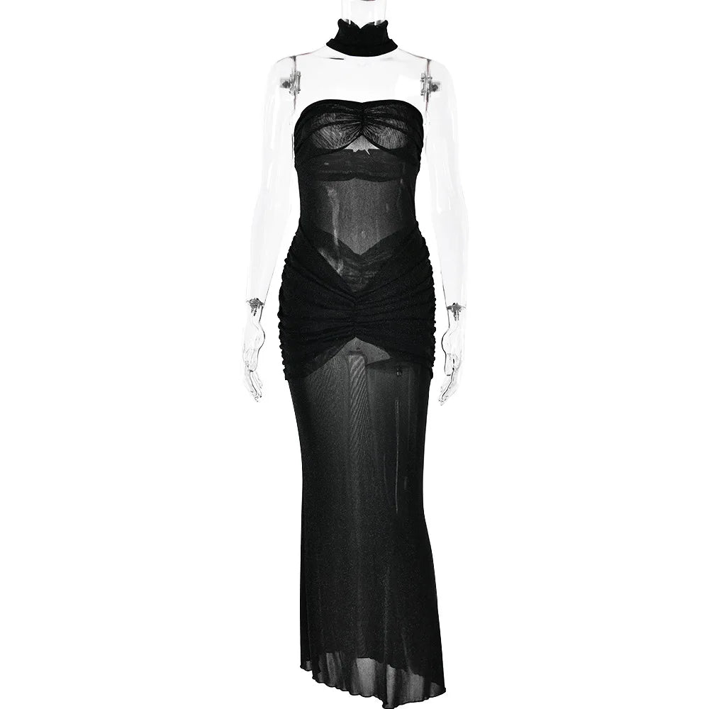 Strapless Maxi Dress with Glitter Mesh and Ruching Detail - Haisley