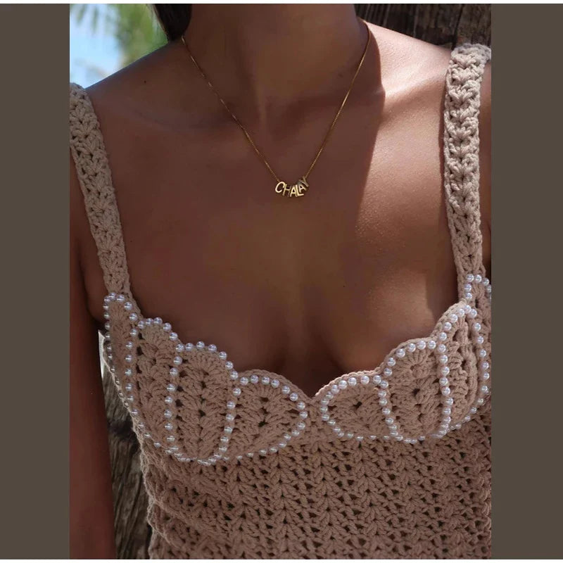 Knitted Mesh Mini Dress with Pearl Decoration - Aliana