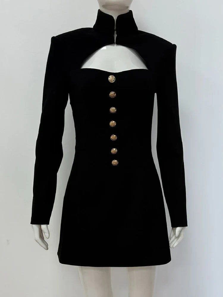 Fitted Mini Dress with Turtleneck and A-Line Cut with Button Decoration - Mary Line