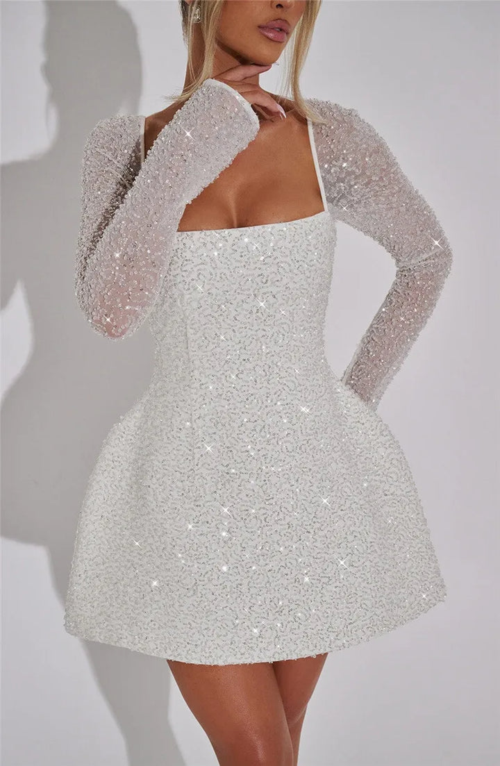 Mini Dress with Sparkling Sequin Embellishment, A-Line, and Mesh Sleeves - Skylar
