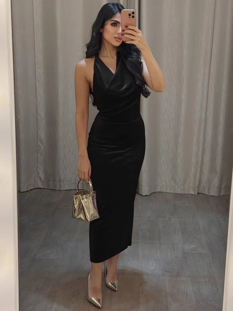 Maxi Velvet Dress with Dropped Collar and Open Back - Marla