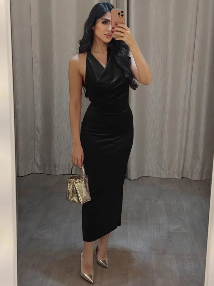 Maxi Velvet Dress with Dropped Collar and Open Back - Marla