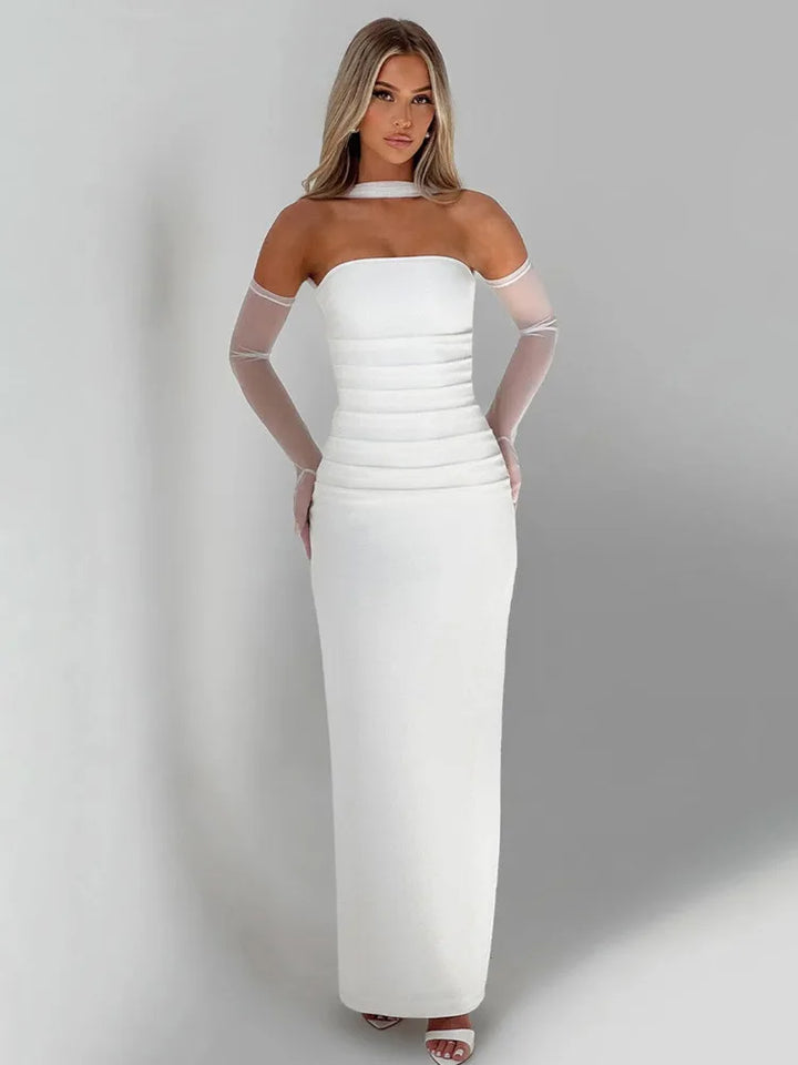Maxi strapless dress with glove and chiffon scarf decoration - Annabel