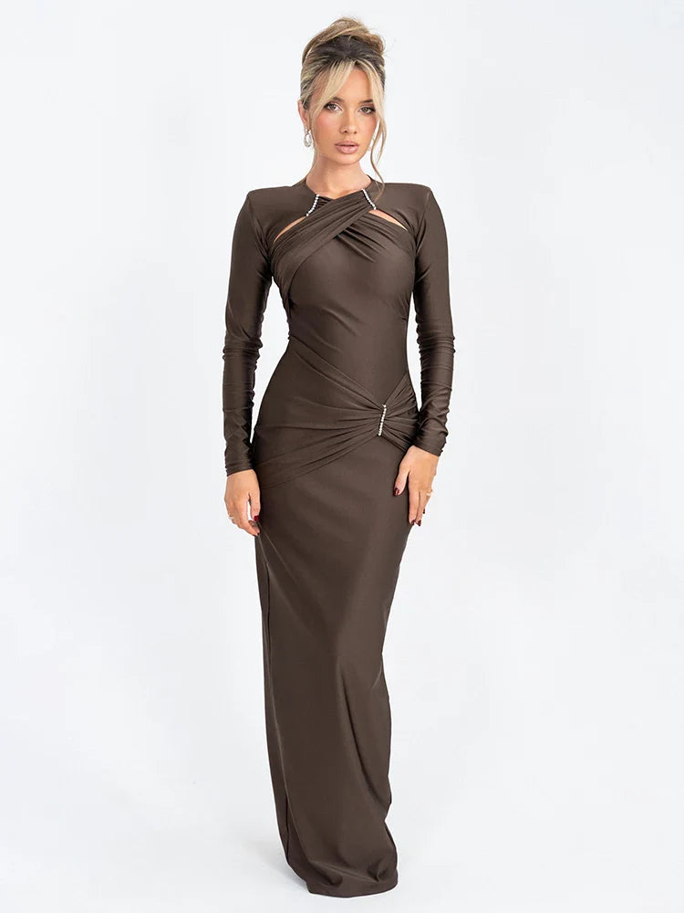 Shaping Fabric Maxi Dress with Ruched Decoration and Rhinestone Buckles - Sadie