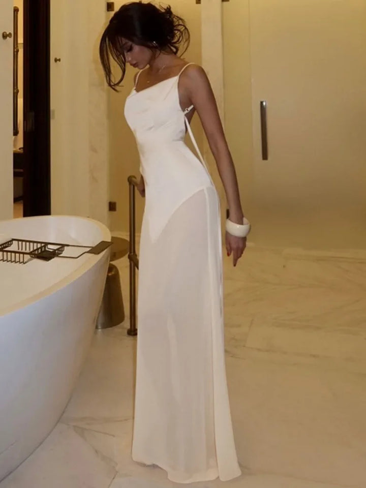 Maxi Satin Dress with Chiffon Detail and Open Back - Gracie