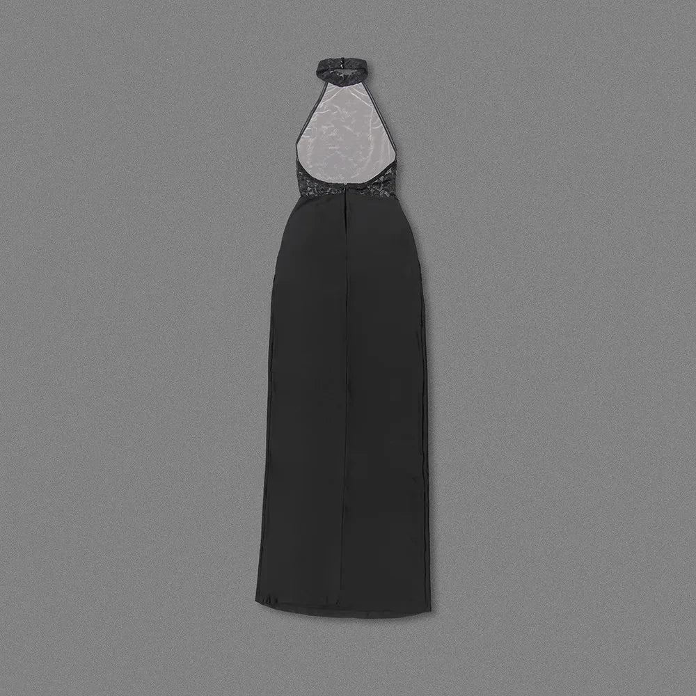 Maxi Dress with Ruching, Collar Cut, Opaque Lace Design, and Open Back - Elliana