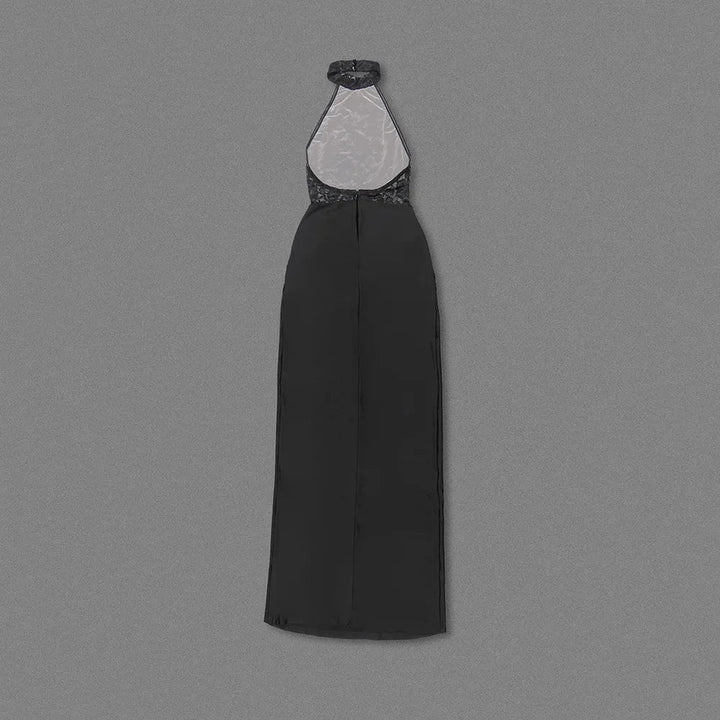 Maxi Dress with Ruching, Collar Cut, Opaque Lace Design, and Open Back - Elliana