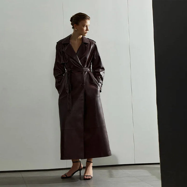 Long Leather Coat with Button Details and Tie Belt - LARA