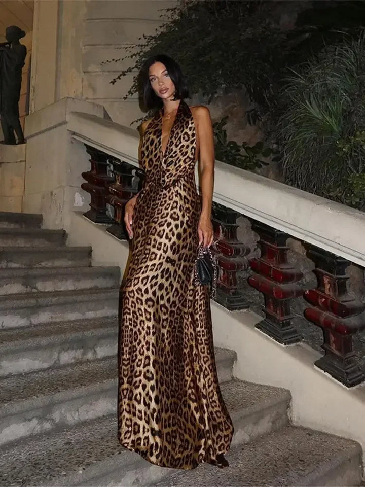 Leopard Satin Maxi Dress with Neck Tie and Draped Collar - Adelyn