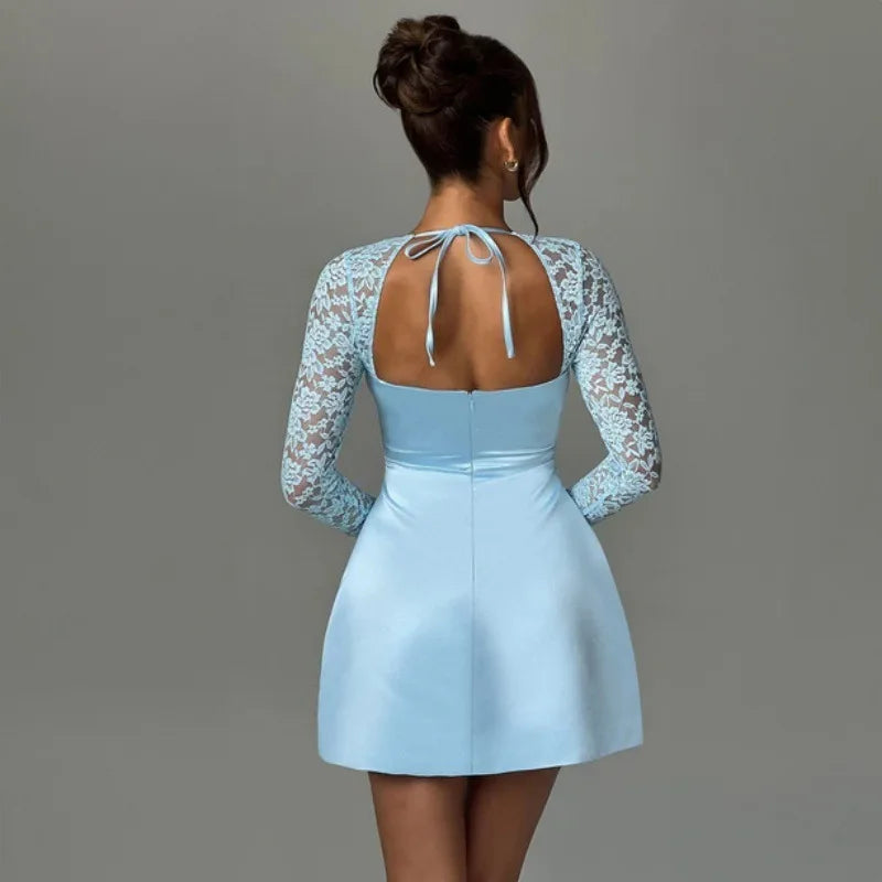 Satin Mini Dress with Lace Sleeves - Far