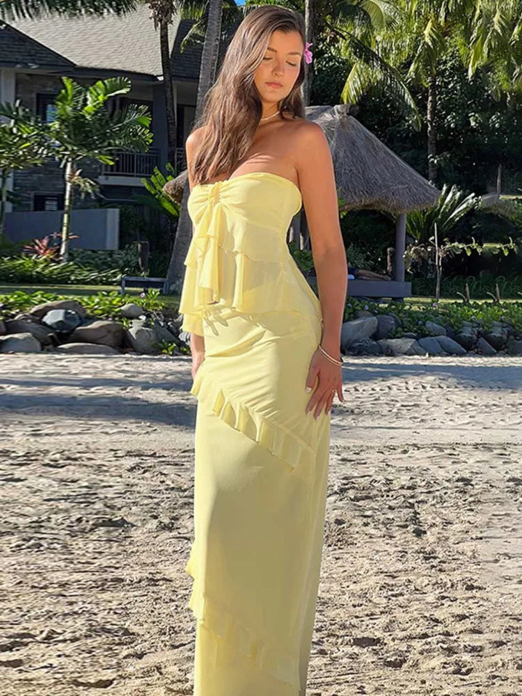Two-Piece Set with Strapless Top and Maxi Skirt with Ruffle Detail - Sunny