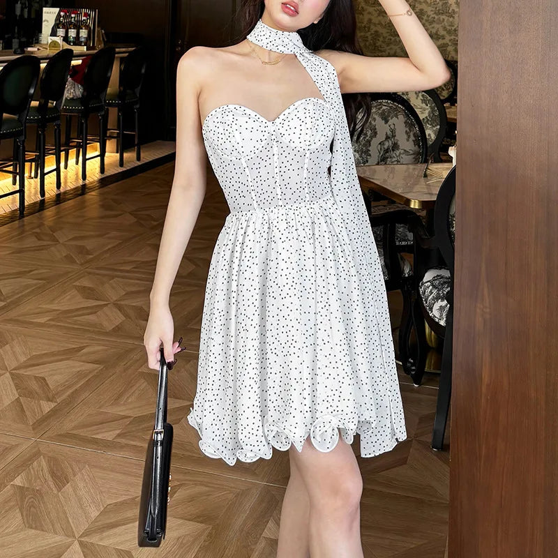 Mini Strapless Ruffle Dress with Corset Design, Polka Dot Detail and Matching Scarf - Milia