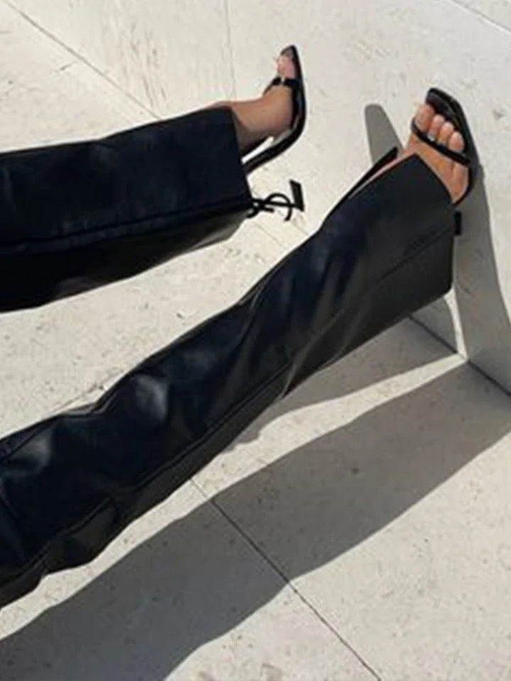 High-Waisted Leather Pants with Tie Detail - Mai