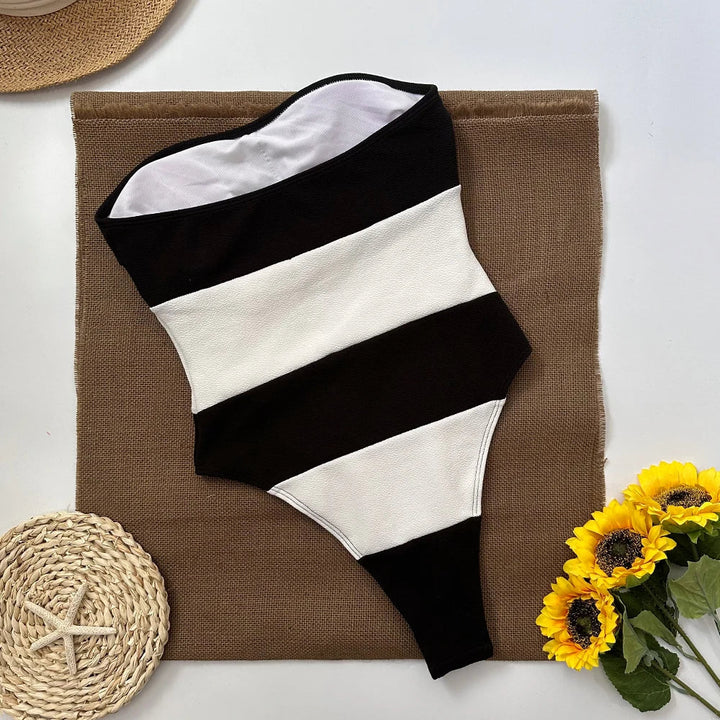 Strapless High-Cut Swimsuit with Thick Stripes - Bar