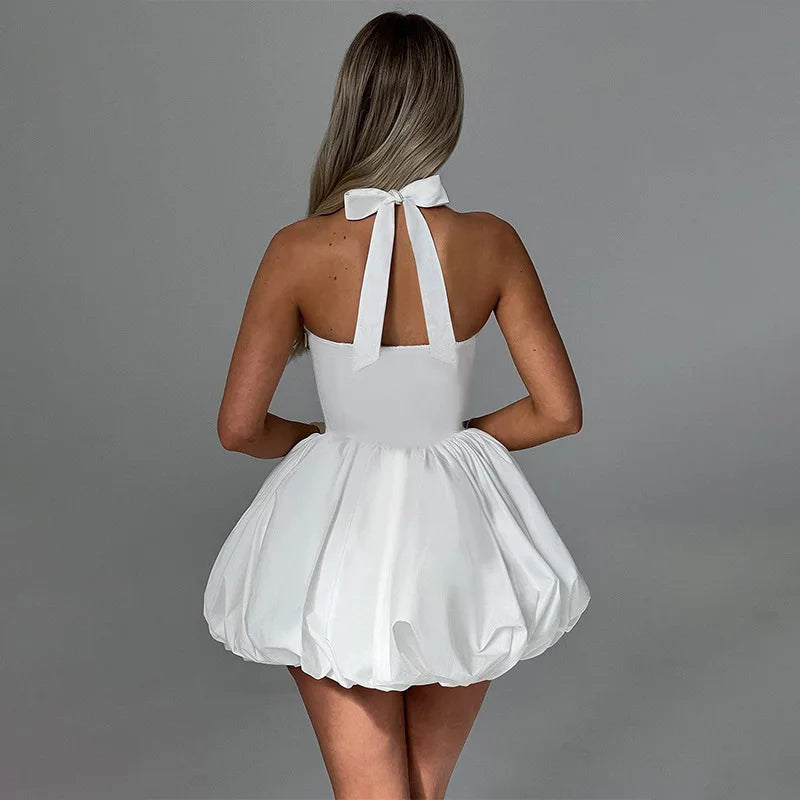 Balloon Mini Dress with Neck Tie and Satin Skirt - Mikaela
