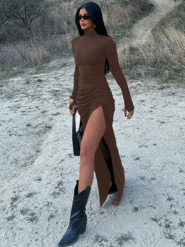 Maxi Dress with Ruching, Turtleneck, and Deep Slit - Sasha