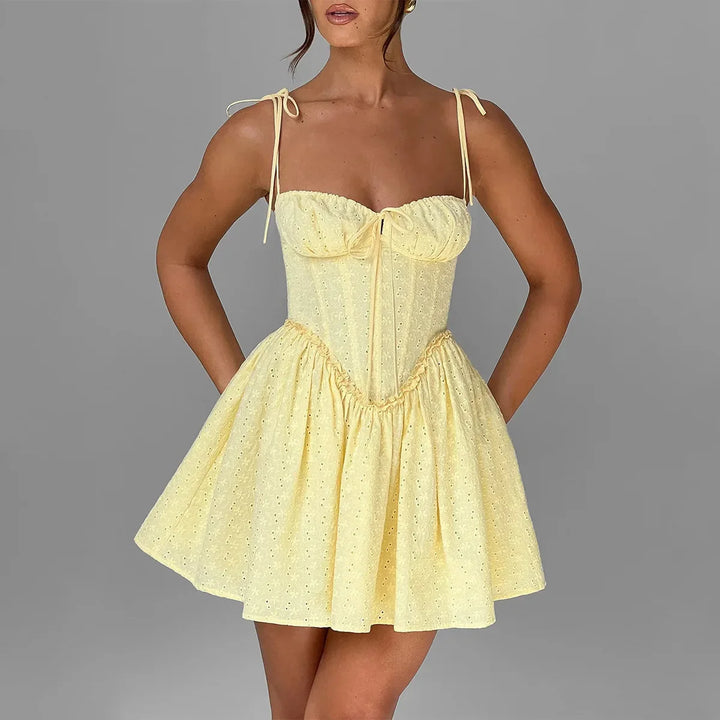 A-Line Mini Dress with Embroidery and Tie Straps - GAYA
