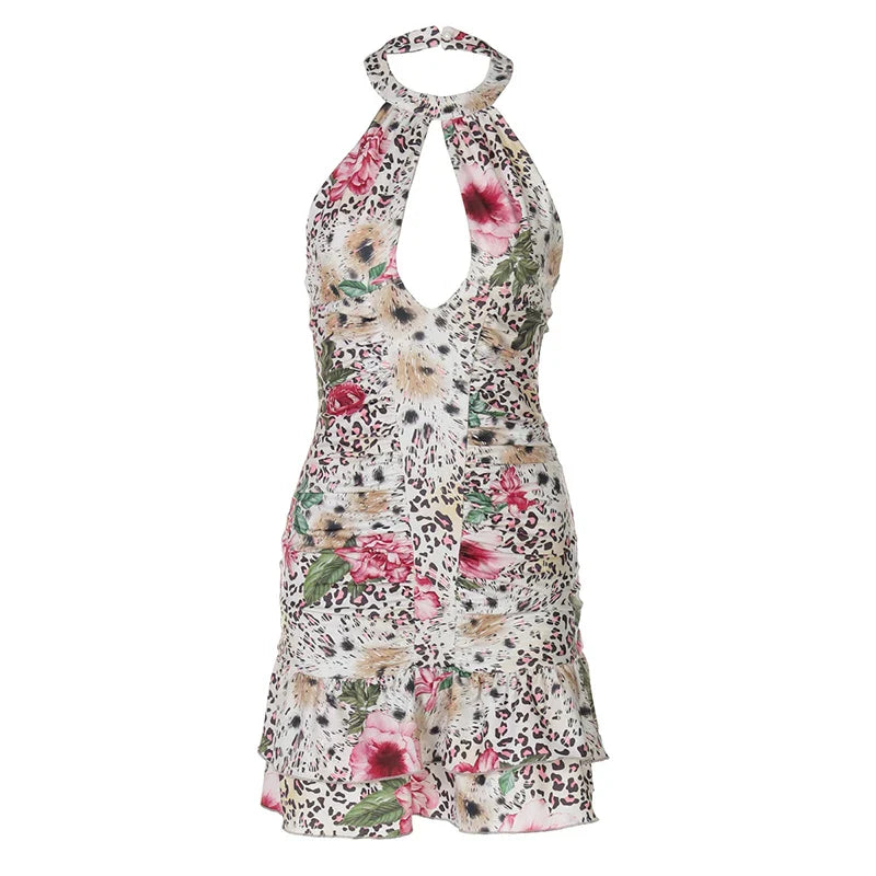 Mini dress with leopard print collar and floral decoration, open back - Chili