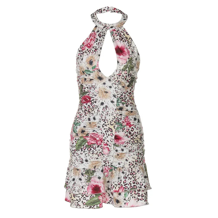 Mini dress with leopard print collar and floral decoration, open back - Chili