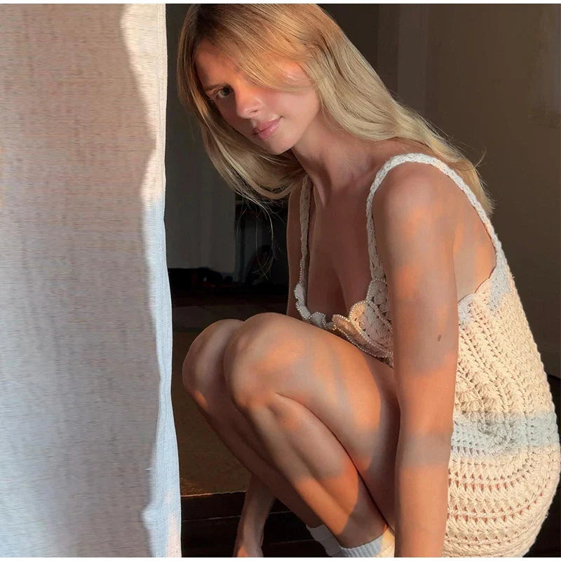 Knitted Mesh Mini Dress with Pearl Decoration - Aliana